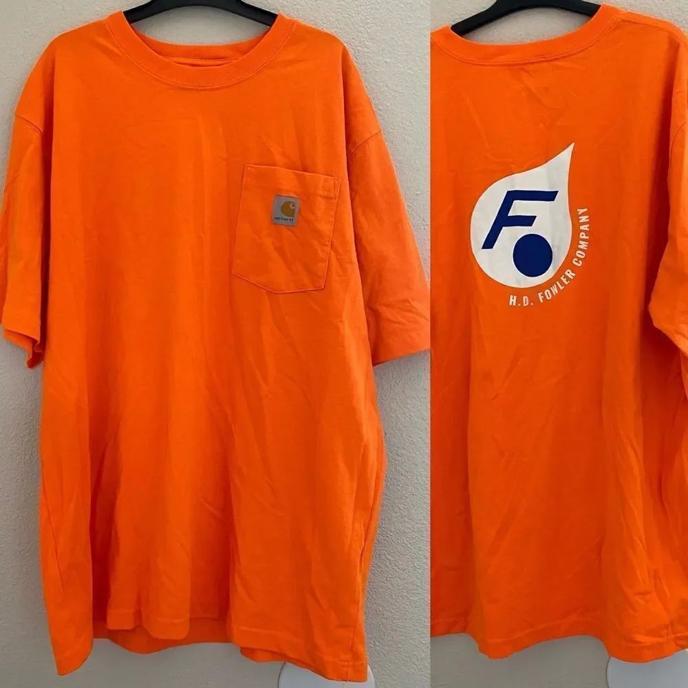 Carhartt Pocket T-Shirt crew neck neon safety orange company logo back t-shirt L